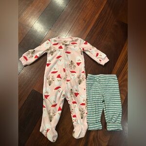 Carter's Pink Santa and Reindeer+Green Striped Santa Pants Christmas 9M